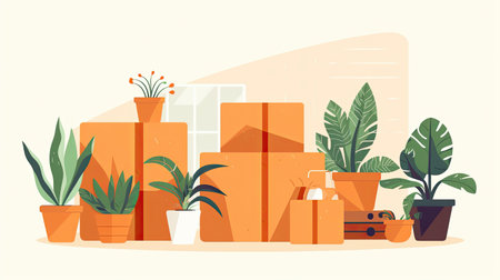 Cardboard boxes and potted plants in room. moving dayの素材