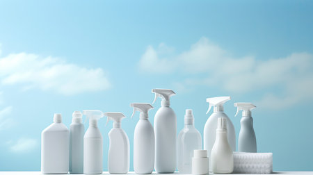 white bottles of cleaning products on light blue background .の素材