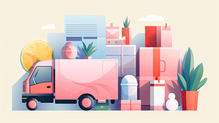 delivery truck with things in boxes . moving dayの素材
