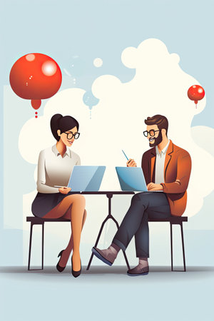 man and woman using laptops and speech bubbles, ai generatedの素材