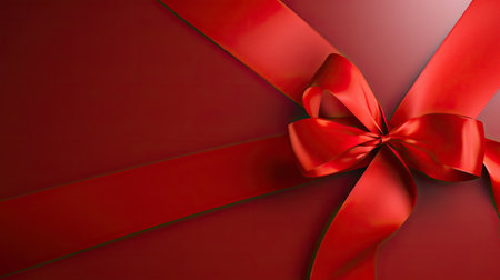 Red ribbon and red bow on red background.の素材