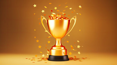 first place winners gold trophy with confetti on dark background.の素材