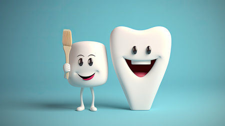 happy cartoon tooth on light blue background.の素材
