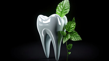 tooth with green leaf, health and disease concept, dental careの素材
