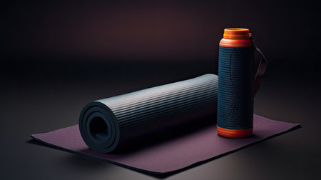 Yoga mat and sport bottle on dark background.の素材