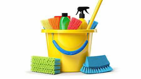plastic bucket with cleaning products isolated on white backgroundの素材