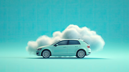 model of blue car and white cloud on blue background, environmental pollutionの素材