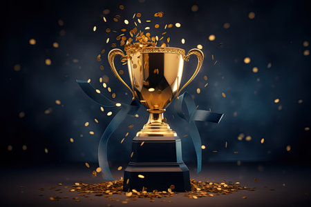 first place winners gold trophy with confetti on dark background.の素材