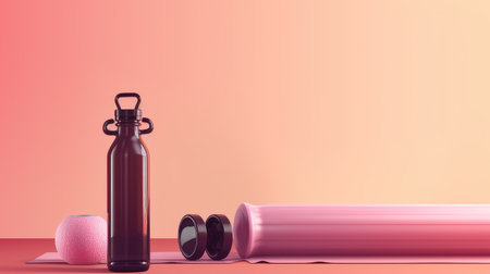 Yoga mat and sport bottle on pastel pink background.の素材