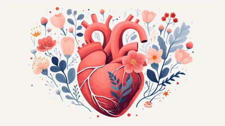 Heart with blooming flowers, health and disease concept.の素材