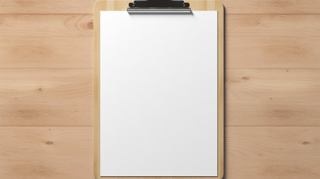 Clipboard with A4 paper on wooden background, mock upの素材