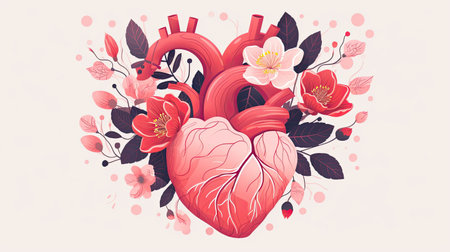 Heart with blooming flowers, health and disease concept.の素材