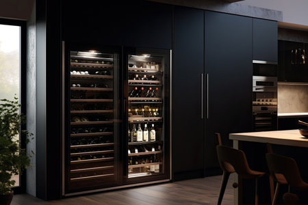 Wine refrigerator in the interior of a black kitchen, ai generatedの素材