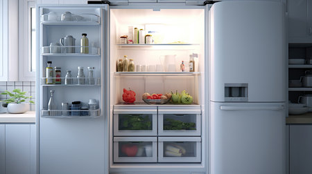 Fridge in white kitchen room, modern interior, ai generatedの素材