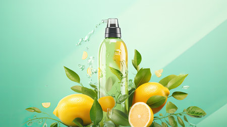 bio organic bottle of cleaning product and leaves, lemon , copy space.の素材