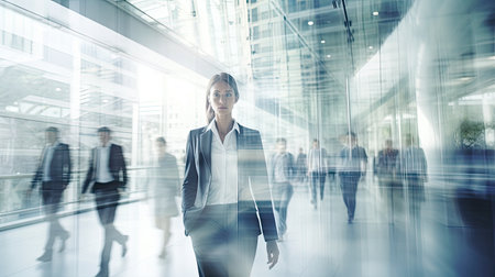 blurred background of business people in white glass office .の素材