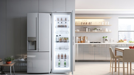 Fridge in white kitchen room, modern interior, ai generatedの素材