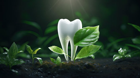 tooth with green leaf, health and disease concept, dental careの素材