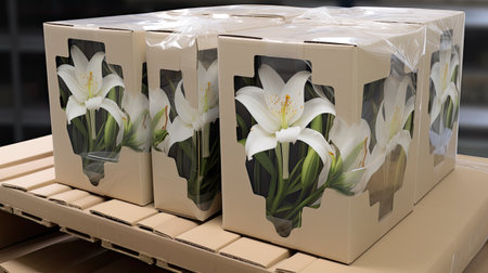 a lot of flowers packed in boxes refrigerator warehouse, flower market, ai generatedの素材