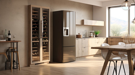 Wine refrigerator in the interior of beige kitchen, ai generatedの素材