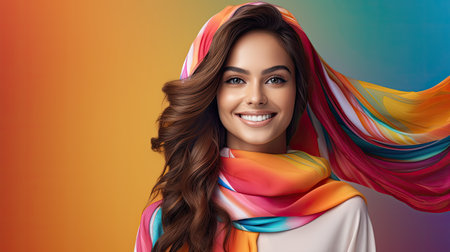 happy arabian girl in bright colourful scarf on pastel background, copy spaceの素材