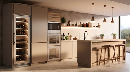 Wine refrigerator in the interior of beige kitchen, ai generatedの素材