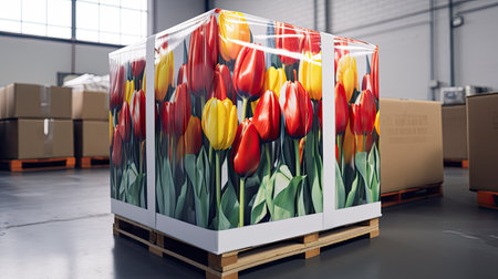 tulips flowers packed in boxes refrigerator warehouse, flower market, ai generatedの素材