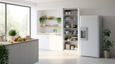 Fridge in white kitchen room, modern interior, ai generatedの素材