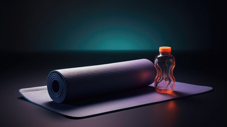Yoga mat and sport bottle on dark background.の素材