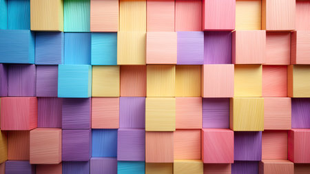 rainbow pastel wooden blocks background. texture with squaresの素材
