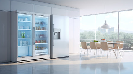 Fridge in white kitchen room, modern interior, ai generatedの素材