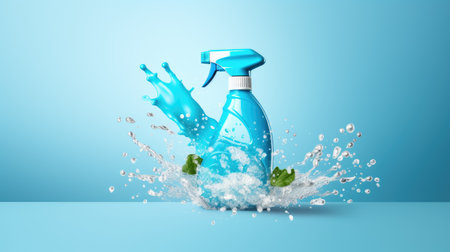 eco-friendly bottle of cleaning product with splash on light backgroundの素材
