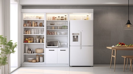 Fridge in white kitchen room, modern interior, ai generatedの素材