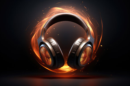 headphones and colourful sound waves on black backgroundの素材
