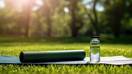 Yoga mat and sport bottle on green grassの素材