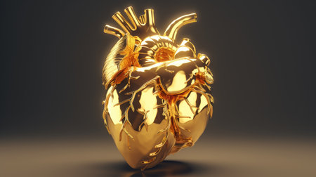 golden heart organ on dark black background.の素材