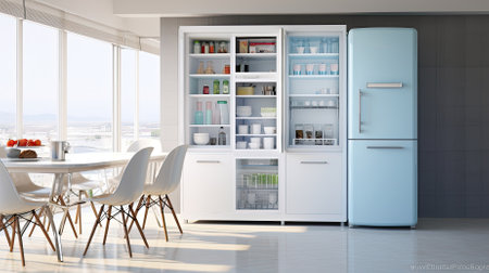 Fridge in white kitchen room, modern interior, ai generatedの素材