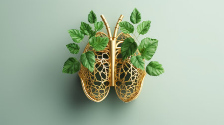 golden human lungs with green plants, health and disease concept.の素材
