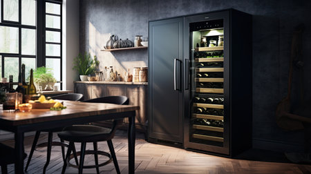 Wine refrigerator in the interior of a black kitchen, ai generatedの素材