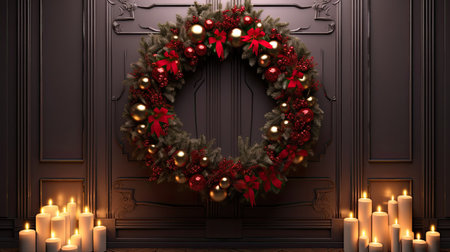 amazing winter red Christmas wreath in roomの素材