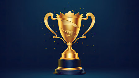 first place winners gold trophy with confetti on dark background.の素材