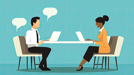 man and woman using laptops and speech bubbles, ai generatedの素材