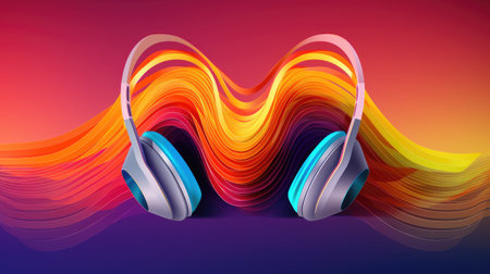 headphones and colourful sound waves on color backgroundの素材