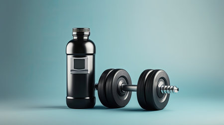 dumbbell and water bottle on light background.の素材