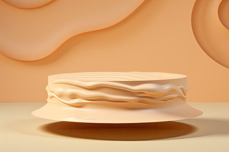 beige pedestal podium with liquid foundation splash swirl on light background, ai generatedの素材