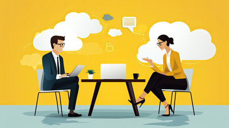 man and woman using laptops and speech bubbles, ai generatedの素材