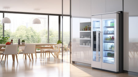 Fridge in white kitchen room, modern interior, ai generatedの素材