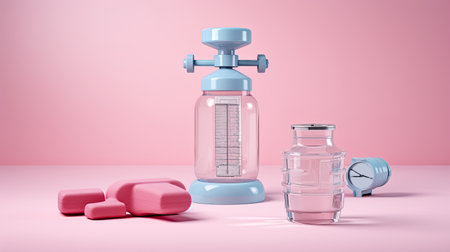 dumbbells, scales and water bottle on pastel background,の素材