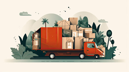 delivery truck with things in boxes . moving dayの素材