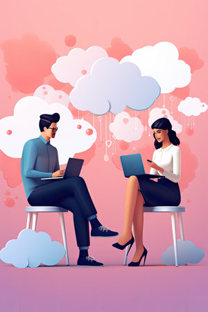 man and woman using laptops and speech bubbles, ai generatedの素材
